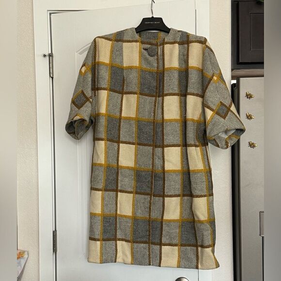 Vintage 60/70s Short Sleeve Dress Coat Yellow and Gray Plaid Large Button Sz S/M - Picture 2 of 9